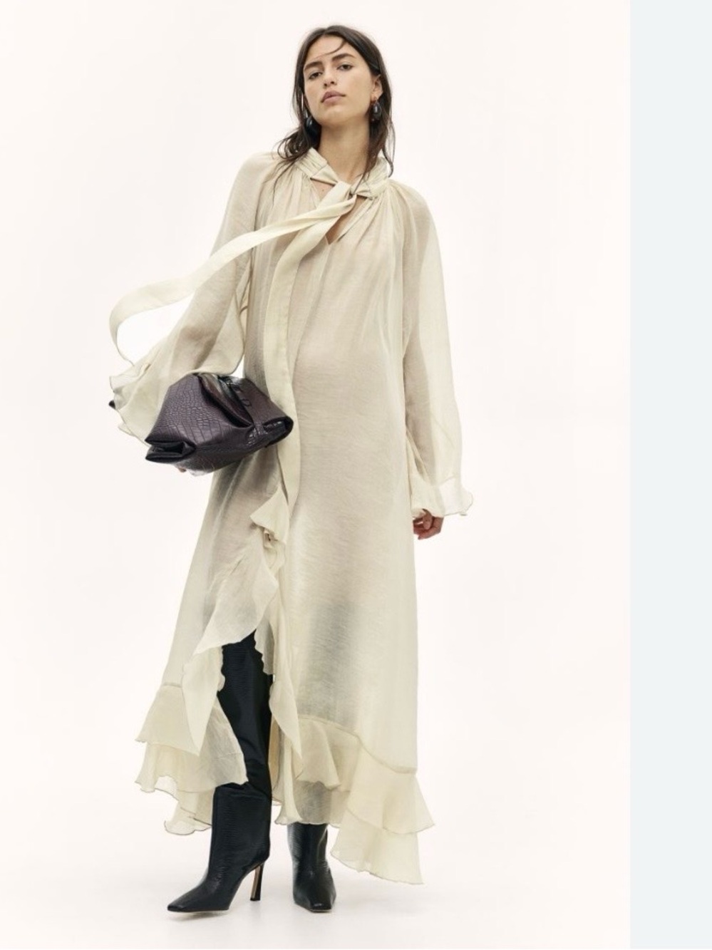 H&M Education Ivory Flounced Sheer Ruffle Tie-Neck Maxi Oversized Dress XL